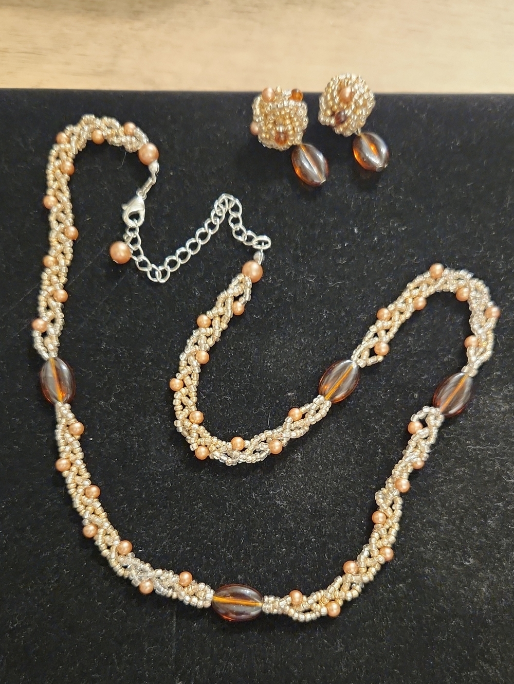 Vintage Bohemian Woven Seed Bead Imitation Pearl Root Beer Necklace And Earring